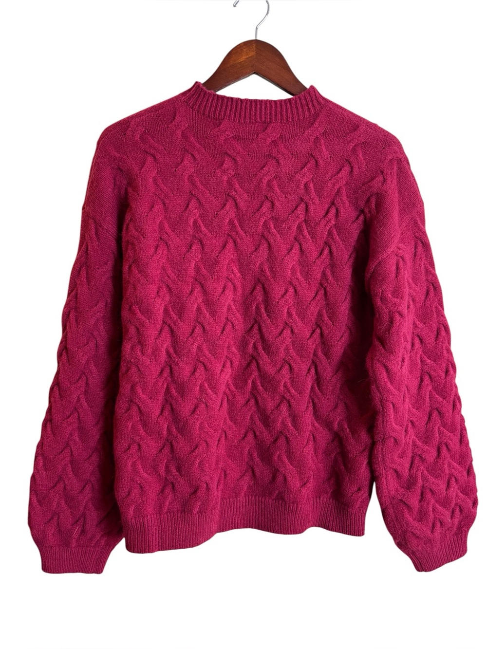Raspberry Pink Red Super Chunky Cable Knit Fisherman Sweater Large Women's Cozy